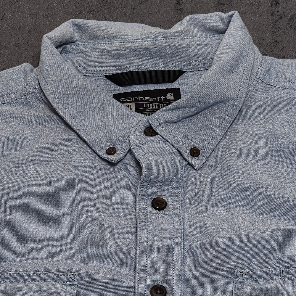 Carhartt Mens Blue Solid Chambray Cotton Loose Fit Pocket Shirt 2XL Tall